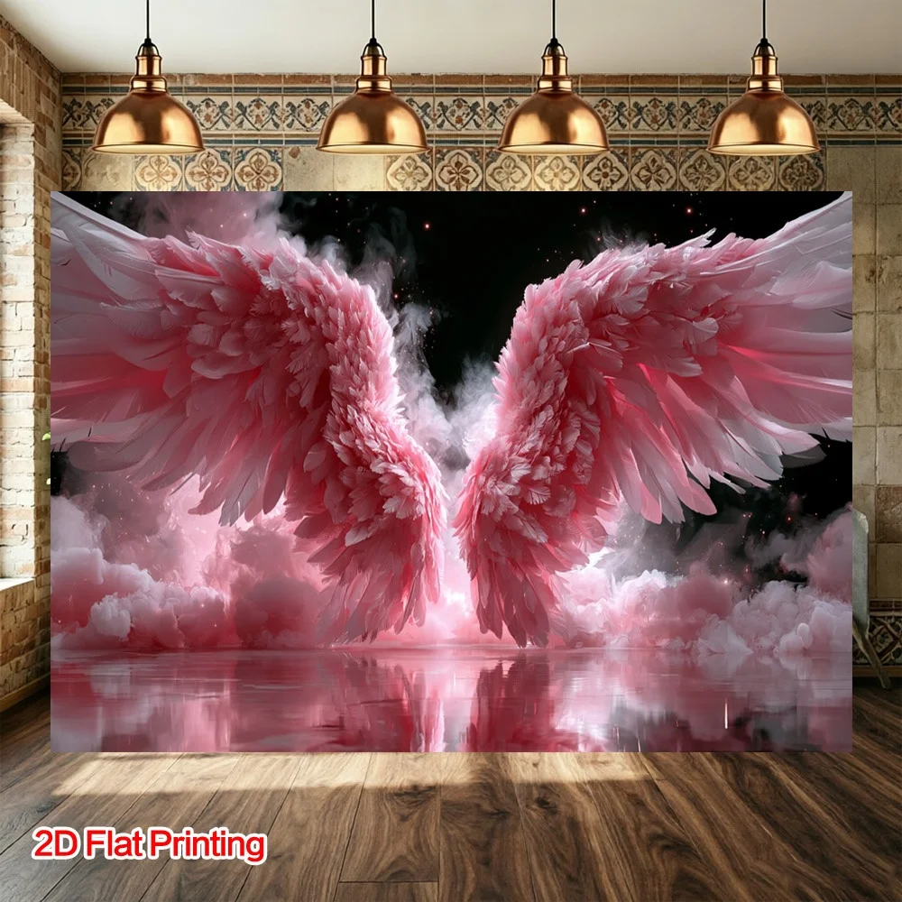 Pink Angel Wings Clouds Galaxy Fantasy Dreamy Tapestry 2D Flat Printing Wall Hanging Backdrop for Girls Bedroom Decor Spiritual