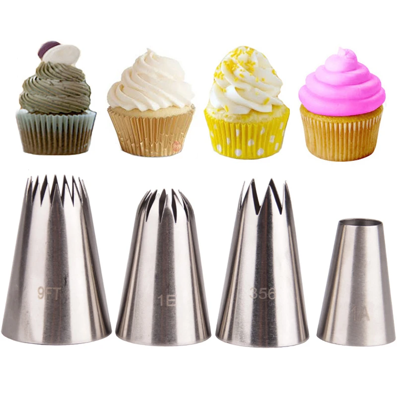 

4pcs Cream Icing Piping Nozzles Set #1A/1E/356/9FT Stainless Steel DIY Cake Fondant Decorating Pastry Tips Cupcake Baking Tools