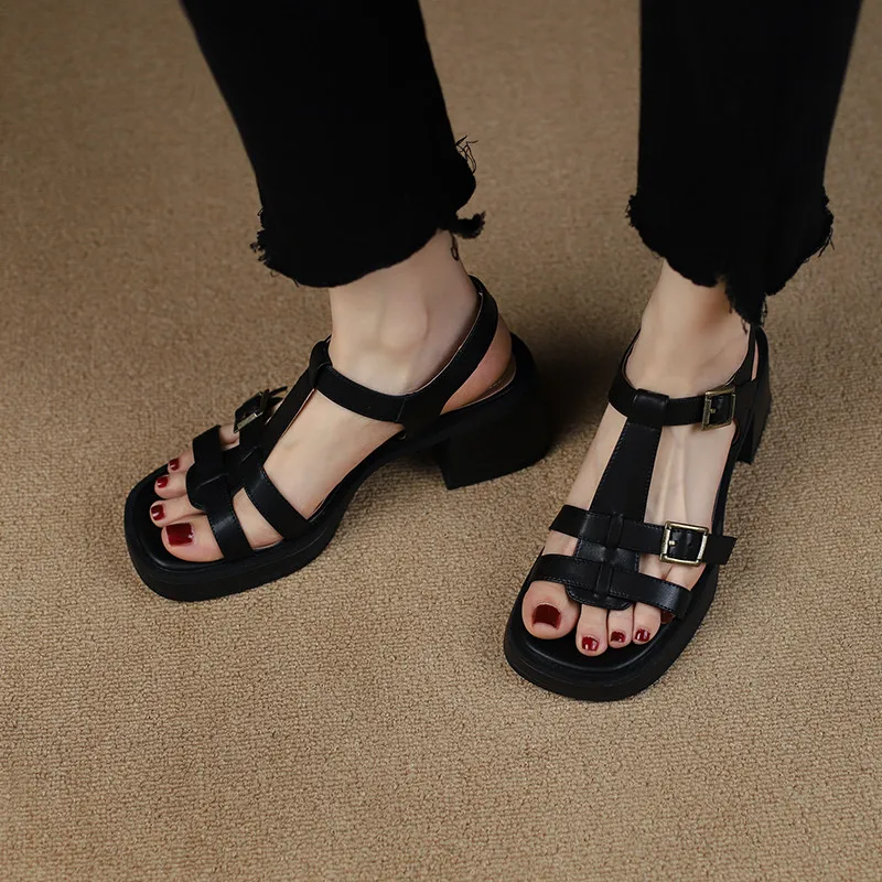 FEDONAS Women Gladiator Sandals 2025 Summer Vintage Buckle T-Strap Genuine Leather Thick Heels Pumps Casual Working Shoes Woman