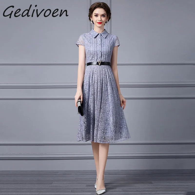 

Gedivoen Summer Fashion Runway Elegant Dress Women's Turn-Down Collar Button Sashes Lace Embroidery Hollow Out Party Midi Dress
