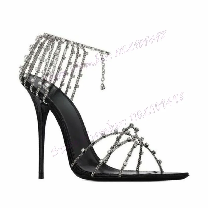 Black Metal Chaon Crystal Sandals Back Strap Pointy Toe Shoes for Women Stilettos High Heels Sexy Shoes 2024 Zapatos Para Mujere