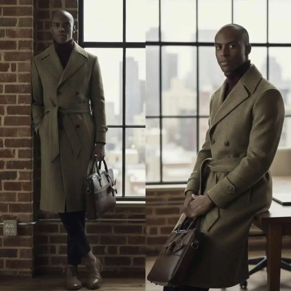 

Handsome Men's Double Breasted Belted Peaked Lapel Wool Long Coat Autumn Winter Business Occasions Customized Outerwear