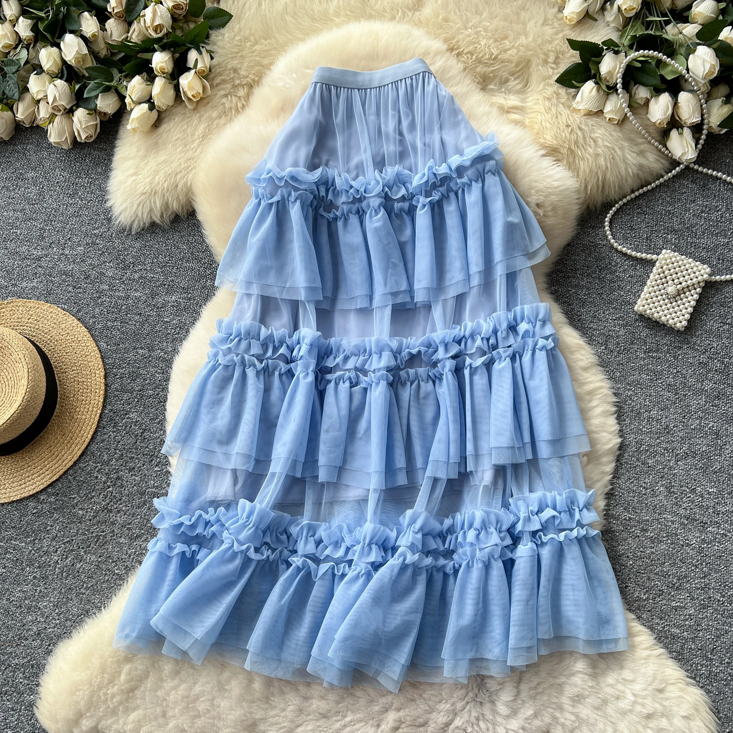 

Summer Autumn Elegant Mesh A-line Skirt for Women Ruffle Layer Tulle Bobble Skirt Female New In Sweet Thin Lace Cake Dresses