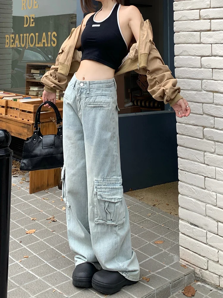 

Slergiri Vintage Multi-pocket Distressed Washed Cargo Pants Women Y2K Streetwear Loose Straight High Waist Jeans Woman New 2023