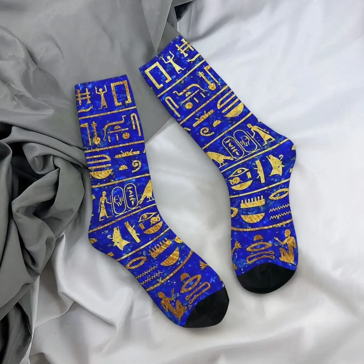 Blue Lapis And Gold Hieroglyphics Men's Socks Ancient Egypt Egyptian Unisex Harajuku Pattern Printed Crazy Crew Sock Gift