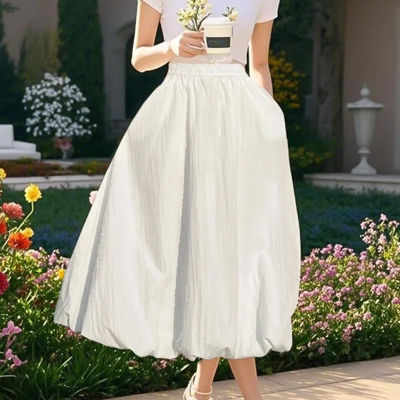 2025 New Spring Summer Fashion Black White Long Skirts For Woman Korean Style Clothing Elastic High Waist A-Line Skirt Mujer