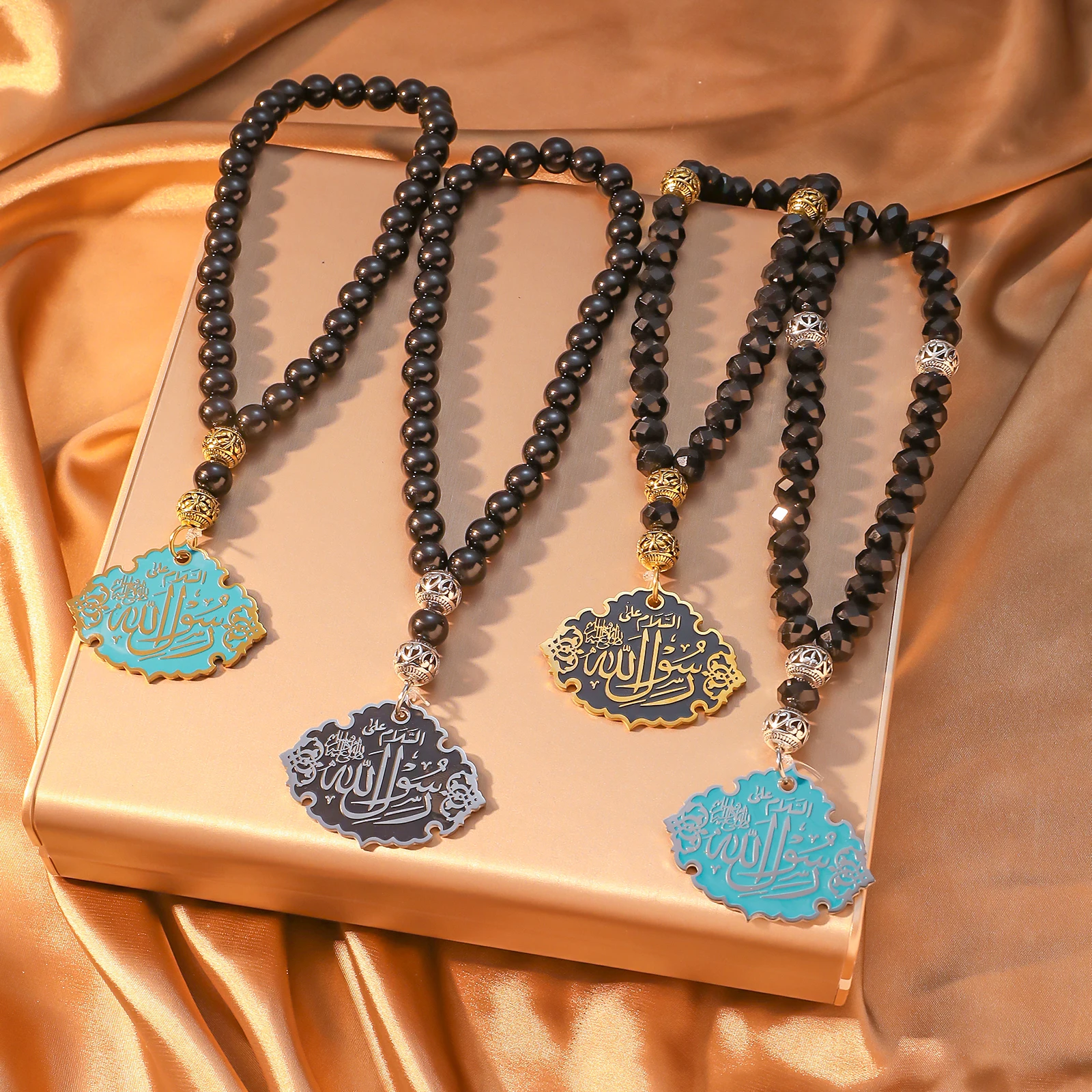 Premium Islamic Car Hanging: Islamic Prayer Bead Chain with Colorful Enamel Stainless Steel Pendant, Fabric Car Rearview Mirror Ornament, Religious Decoration Gift
