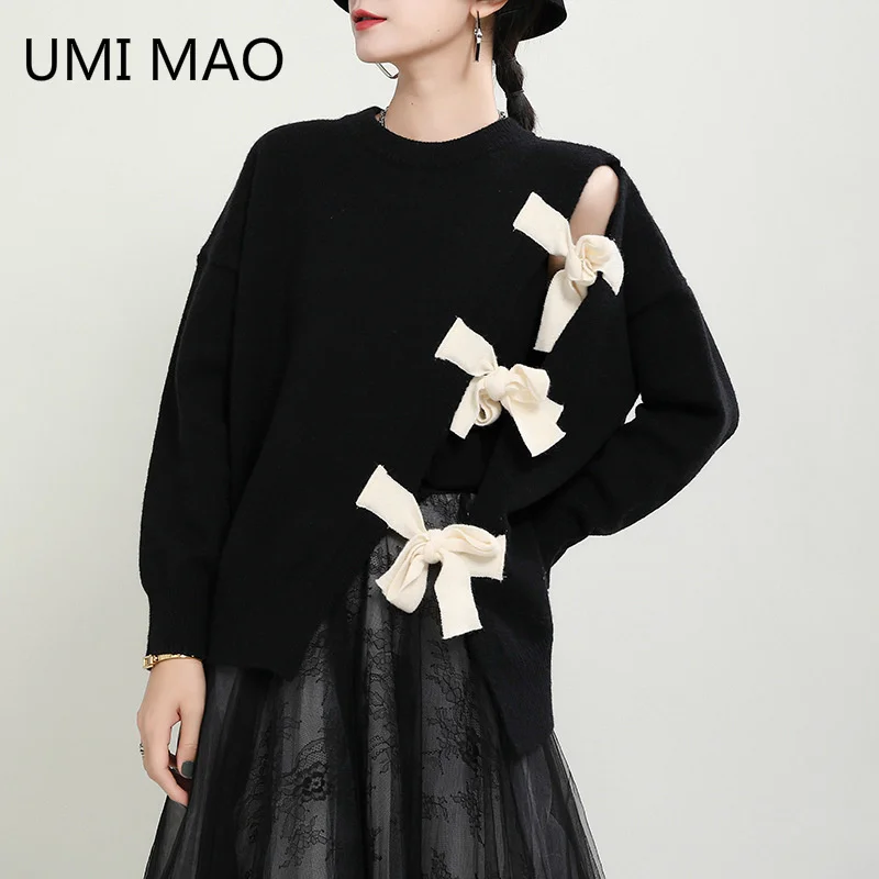 

UMI MAO полый пуловер, женский осенне-зимний новый дизайн, нишевые топы, свободный корейский черный свитер средней длины Femme
