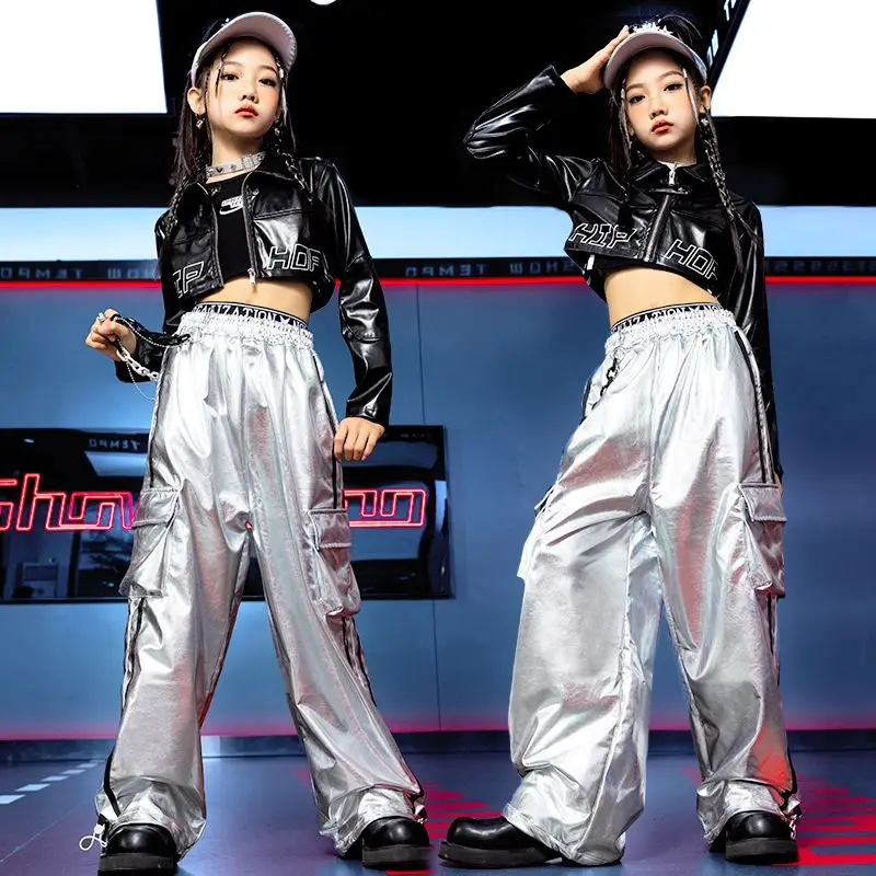 Girls Jazz Dance Hip Hop Outfit Child Model Catwalk Stage Dance Show Costume Black Navel Top White Trousers