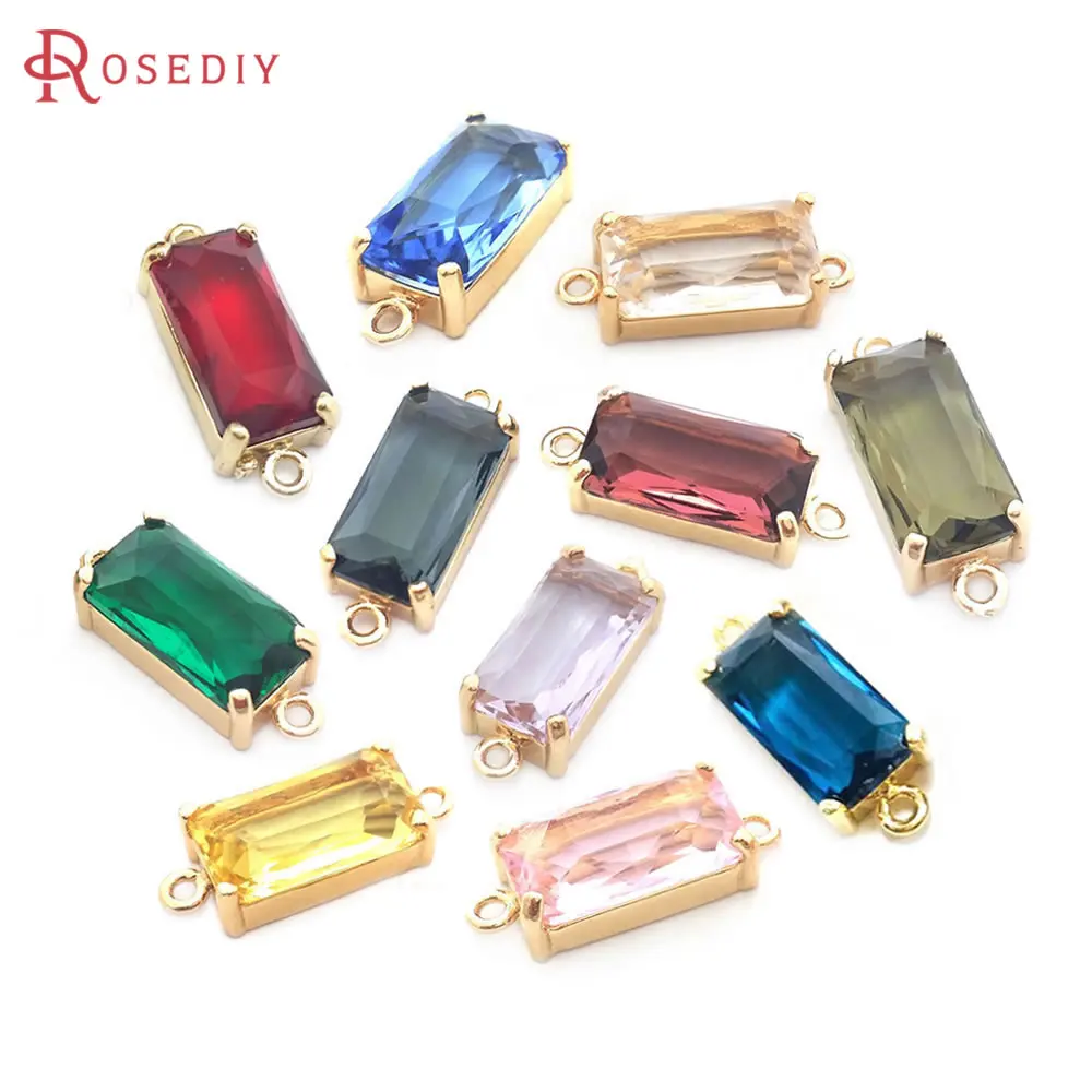 6PCS 8x16MM High Quality Champagne Gold Color Brass and Glass 2 Holes Rectangle Connect Charms Pendants Jewelry Diy Accessories