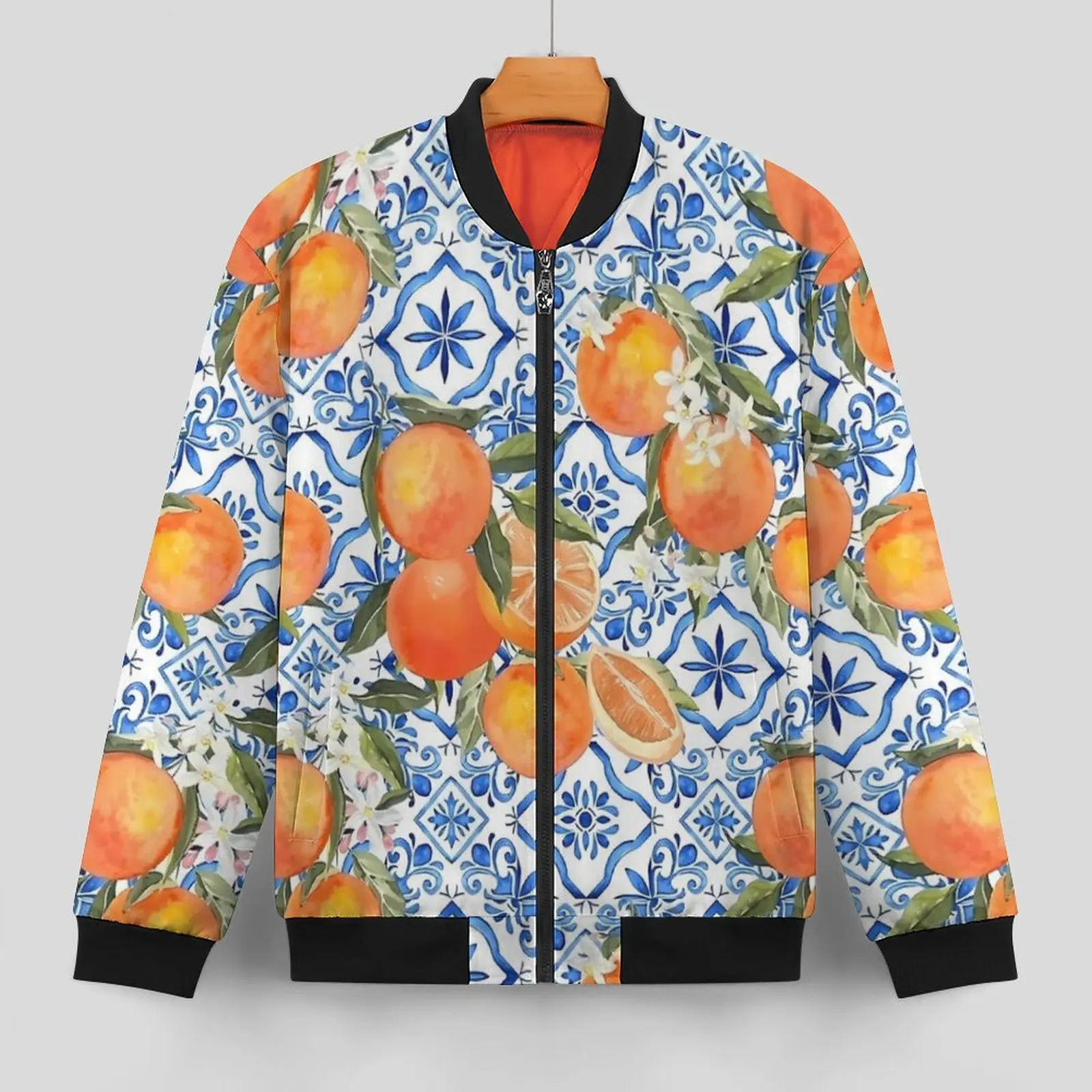 Fruit Print Jackets Oranges on Blue and White Tiles Winter Coats Men Trendy Casual Jacket Loose Oversized Windbreak Gift Idea