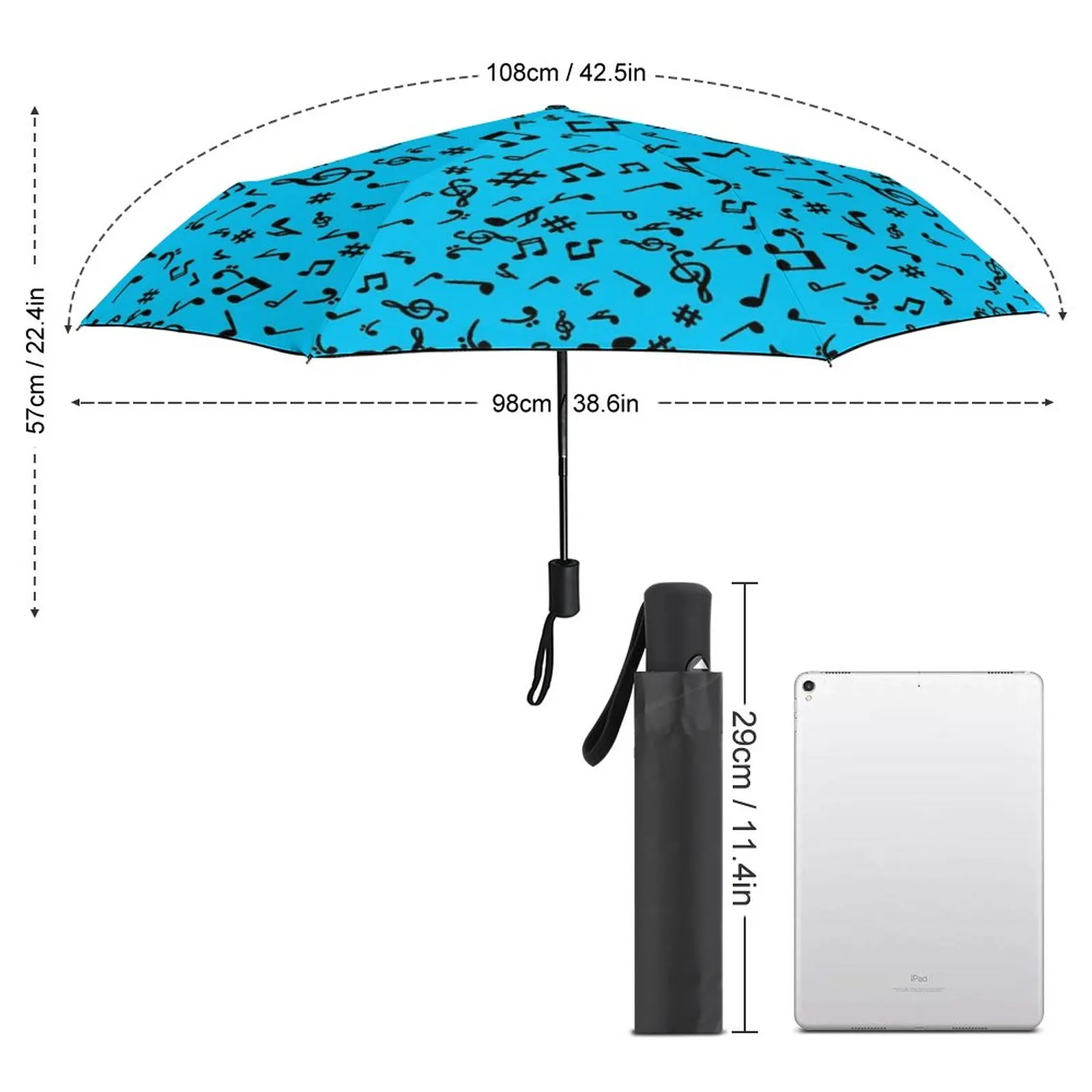 Music Notes Umbrella Blue And Black Cheap Compact Umbrella Art Travel Windshield Automatic Umbrella