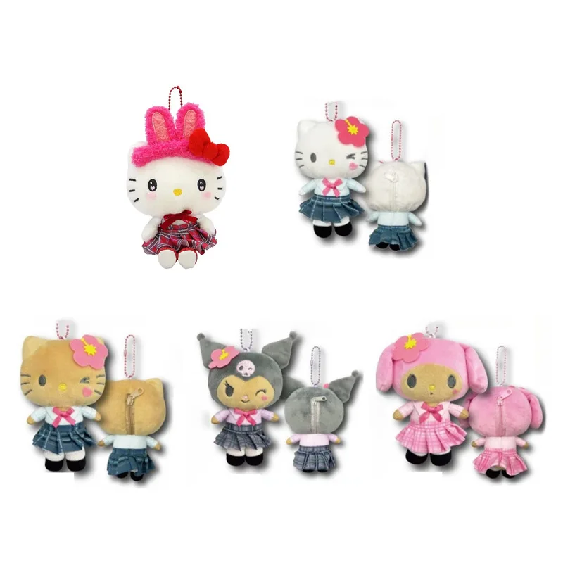 Sanrio Kuromi Hello Kitty Kawaii ของเล่นตุ๊กตาพวงกุญแจการ์ตูน Cherry Blossom Heisei สีดําผิวเผ็ดสาวพับกระโปรงกระเป๋าจี้