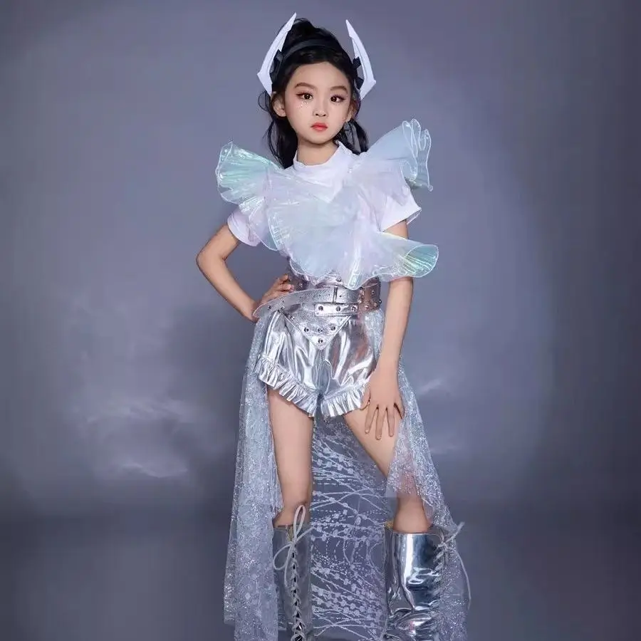 Girls' Silver Lace Shorts Fashion Show Set Space Mechanical Technology Clothing Futuristic Fashion Show Performance Dress Set