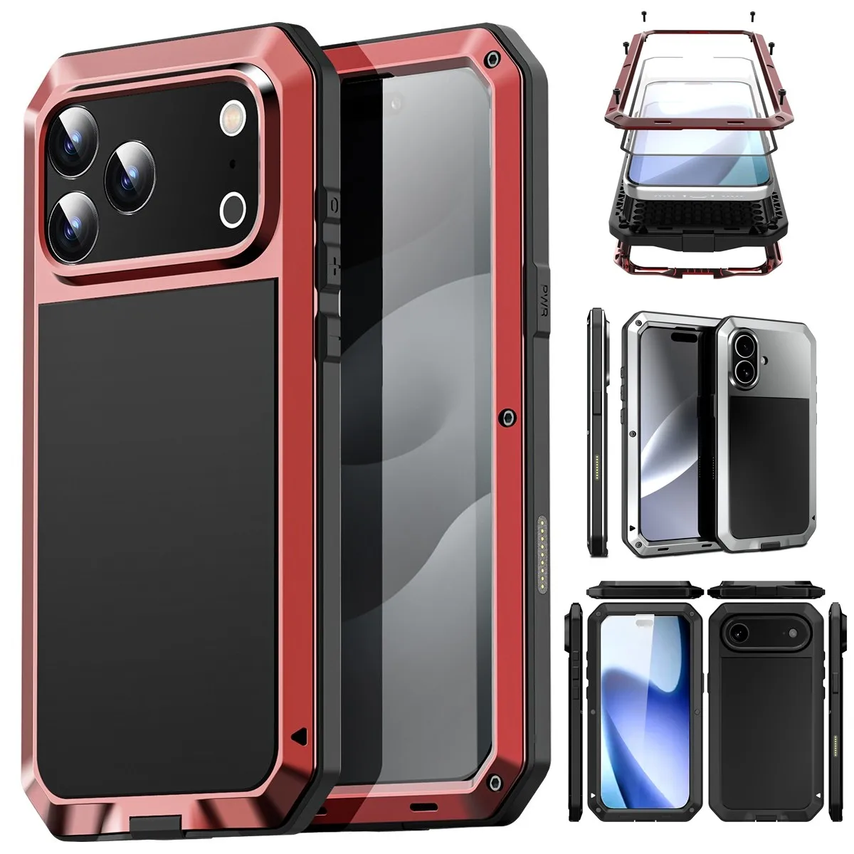 حافظة معدنية لهاتف آيفون اير 17 16e 16 15 14 13 12 11 Pro Max XS XR 8 7 Plus غطاء صلب قوي مقاوم للصدمات شاشة زجاجية