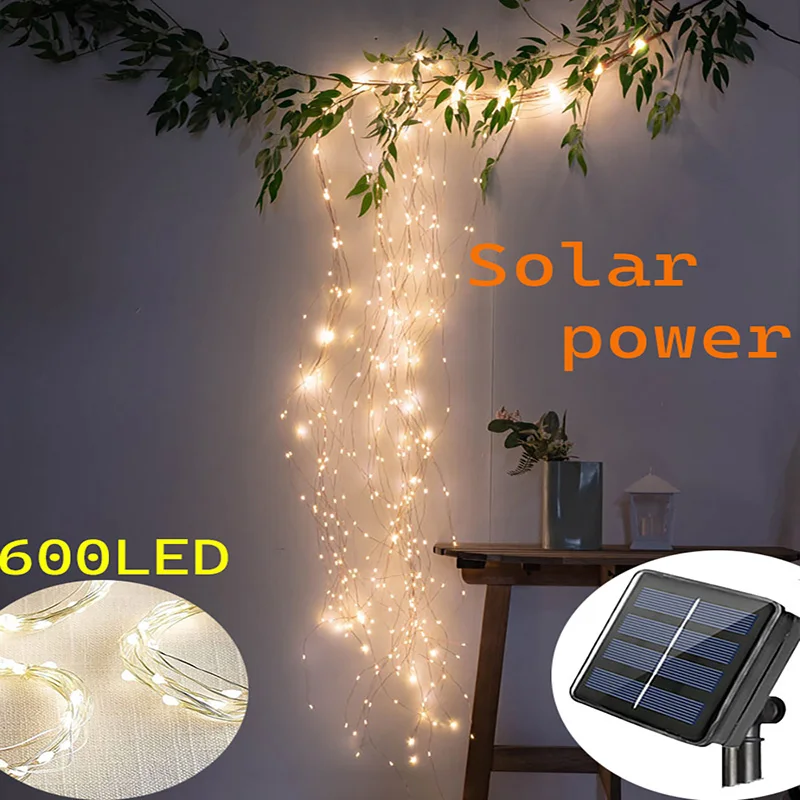 Ramadan 600LED Solar Powered Outdoor Indoor Waterfall String Lights Ideal for Garden Tree Branch Curtain Decoration Christmas