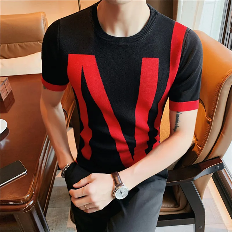 

2023 British Style Men's High-Quality Slim Fit Short-Sleeved Sweaters/Men of Letters Printing Leisure Sweater Plus Size S-4XL