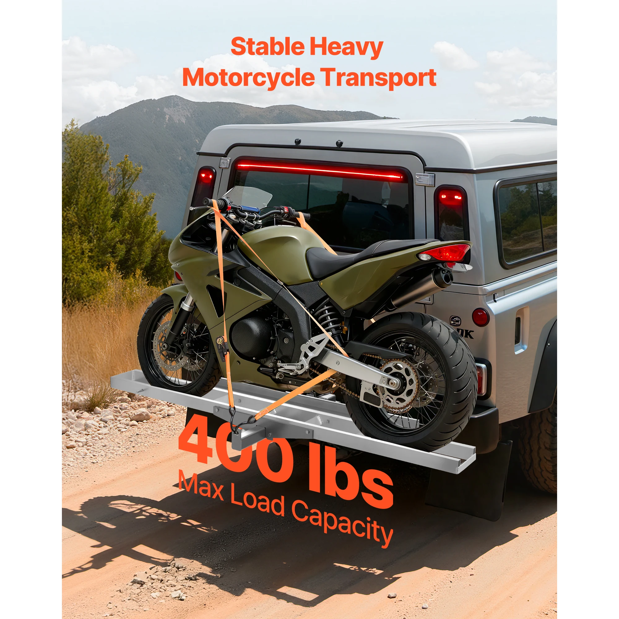 SucceBuy Motorcycle Carrier 400lb Capacity Heavy Duty Aluminum Hitch Mount Rack with 47in/73in Loading Ramp Straps for Car Truck
