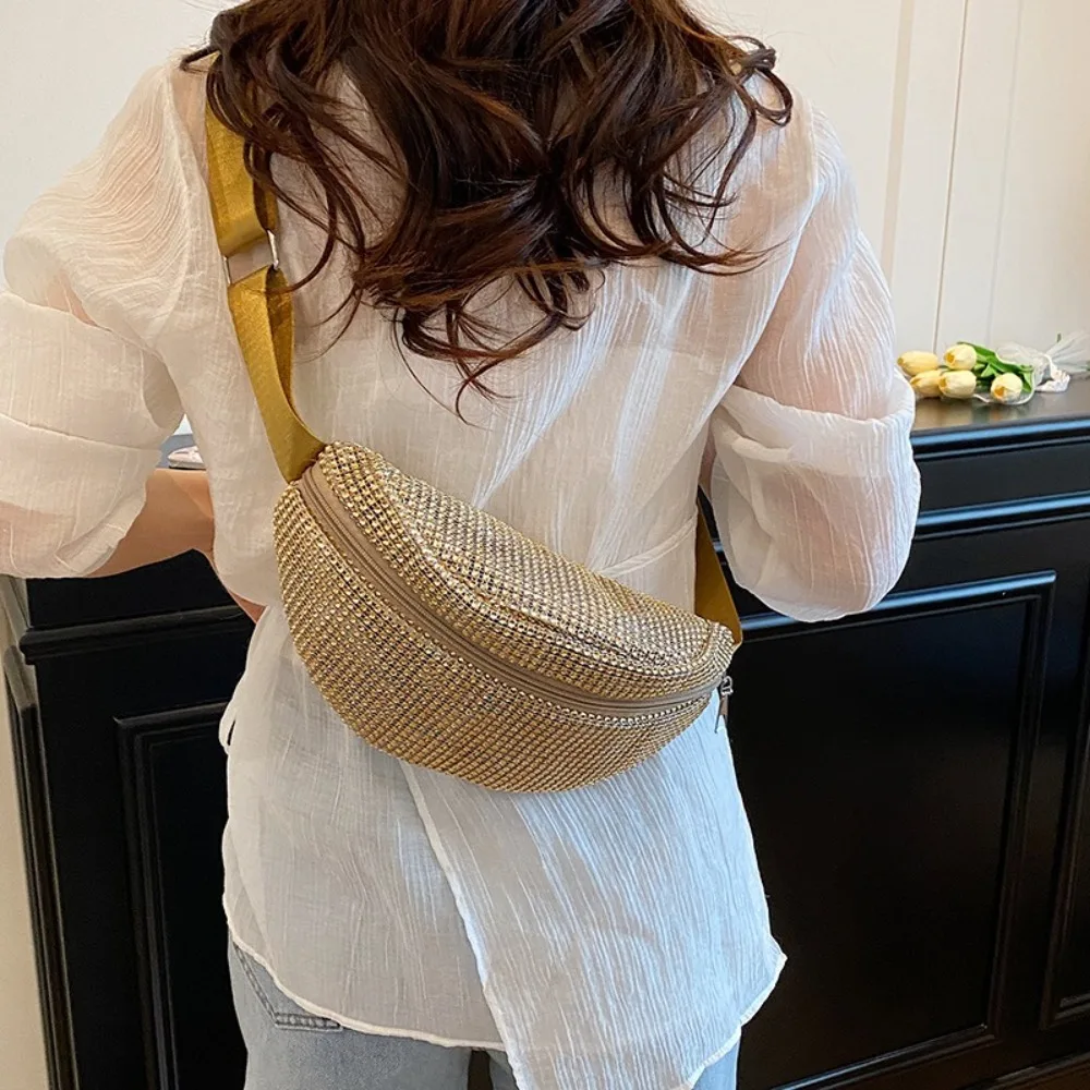 

Lightweight Rhinestone Waist Packs Versatile Korean Style Chest Bag Wide Shoulder Strap Messenger Bag Zipper Crossbody Bag