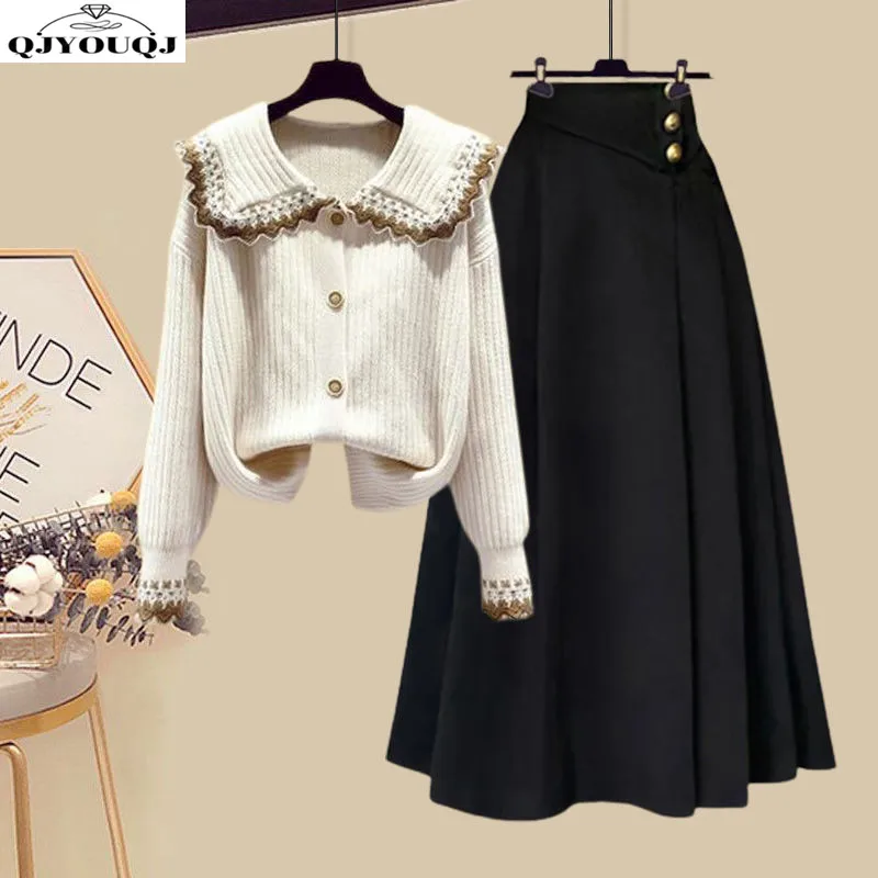 Autumn and Winter Korean Edition New Navy Collar Knitted Age Reducing Sweater+High Waist Half Skirt Two Piece Set Trendy