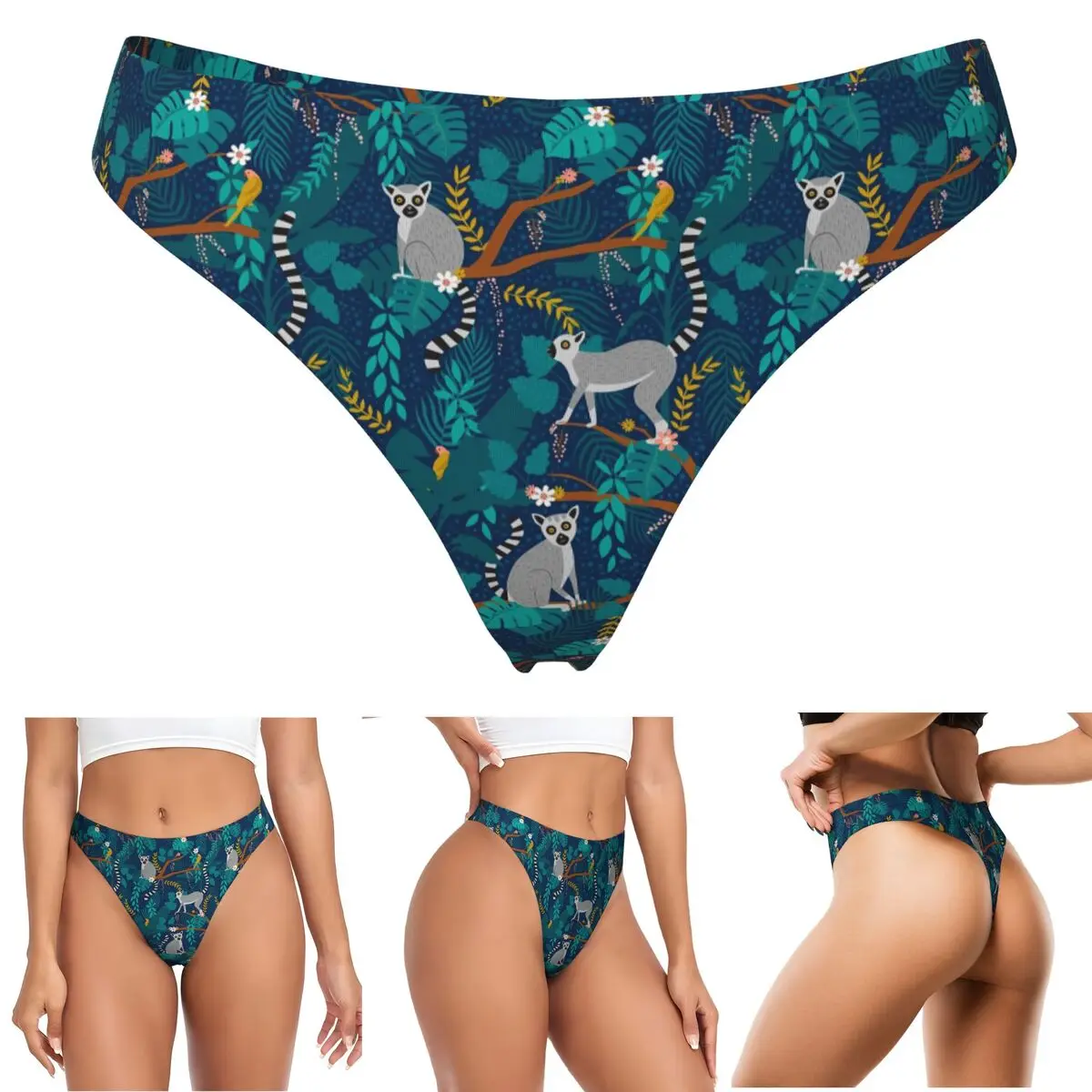 calcinhas-g-string-personalizadas-com-estampa-de-lemur-na-selva-azul-respiraveis-elasticas-e-confortaveis-para-mulheres