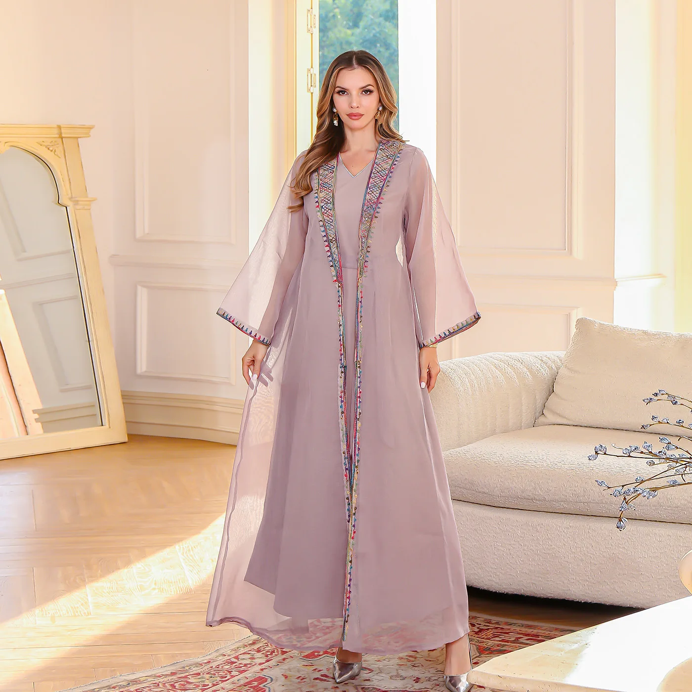 Muslimisches zweiteiliges Kleid, orientalische Kleidung, besticktes Netz, langes Kleid, Abaya, elegante Damenrobe