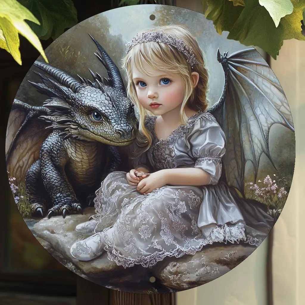 1PC Little Girl & Black Dragon Round Metal Tin Sign, Fantasy Fairy Tale Art Plaque, 2D Flat Wall Decor For Bedroom Garden Decor