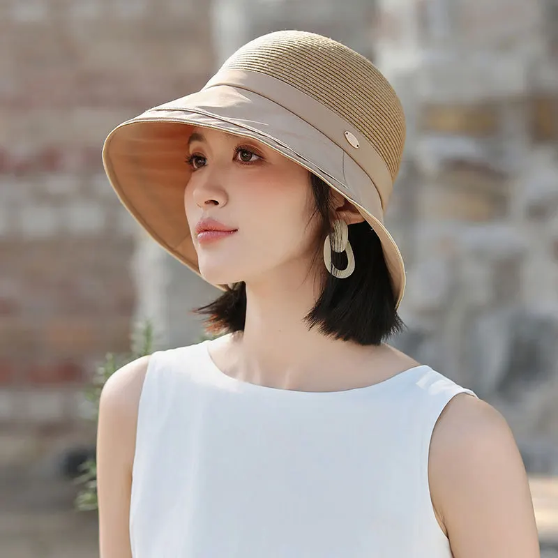 Wide-brimmed Sun Hats Women\'s Straw Bucket Hat UV Protection Foldable Panama Sun Protection Cap Holiday Outdoor Sport Visor