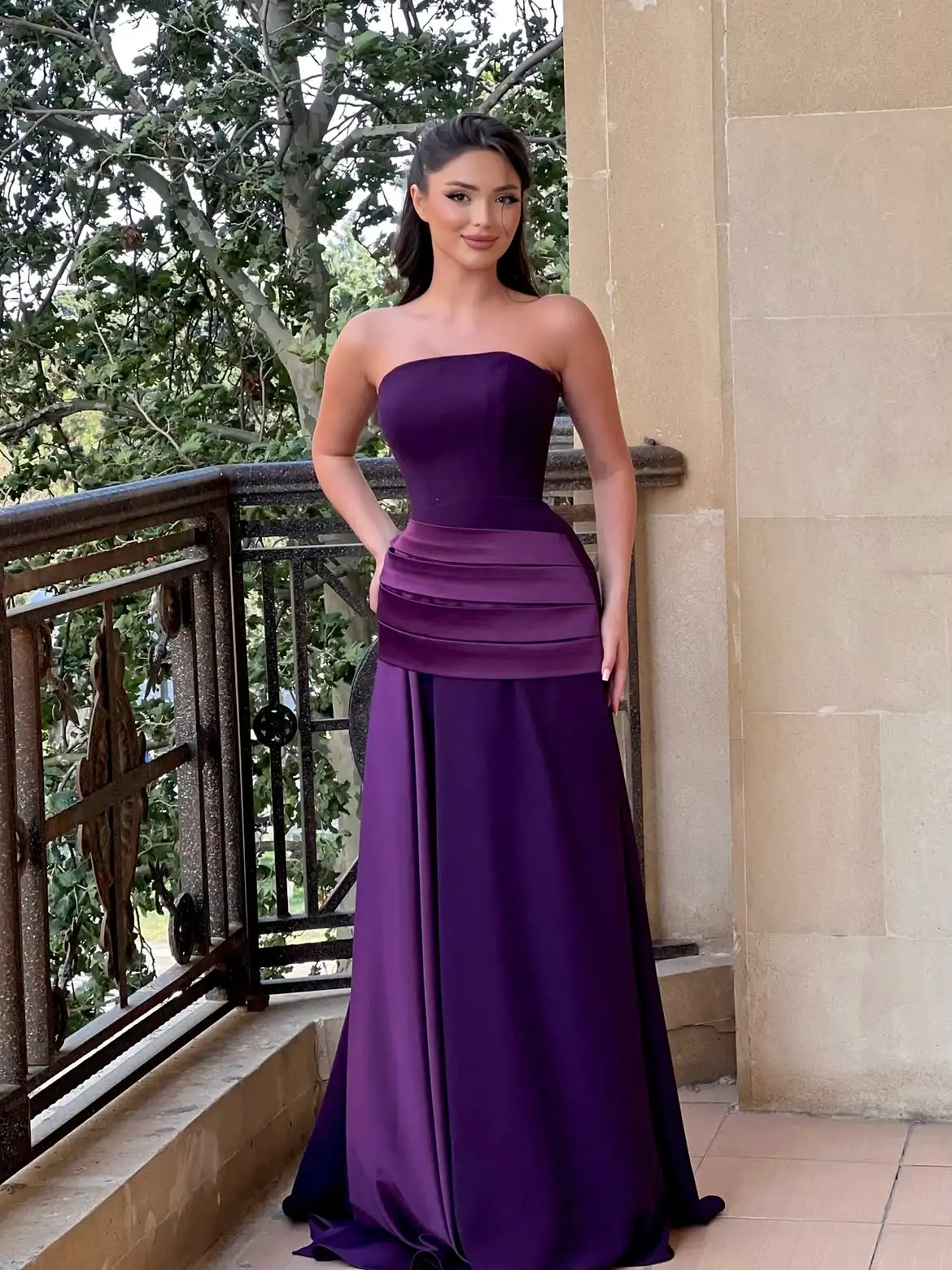 Deep Violet Purple Evening Maxi Gown Straight Tube Strapless Neck Fitted Structured Bodice Wide Multi Layer Pleated Satin Waistb