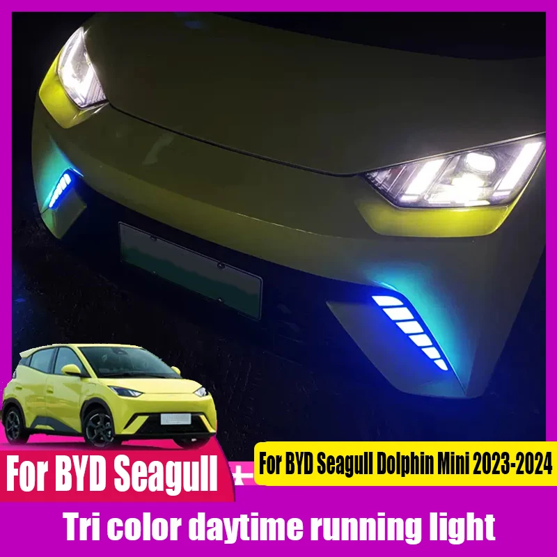 

For BYD Seagull Dolphin Mini 2023 2024 Tri color daytime running light LED front fog light exterior modification Flowing light