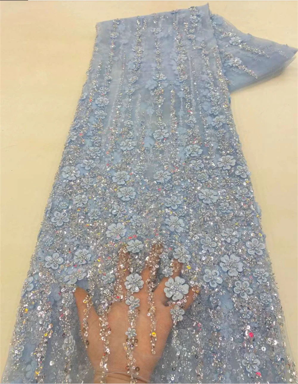 Solid Color 3D Vetical Floral Embroidery Lace Fabric Intricate Sequins And Bead Tubes For Elegant Evening Dress And Dance Skirt