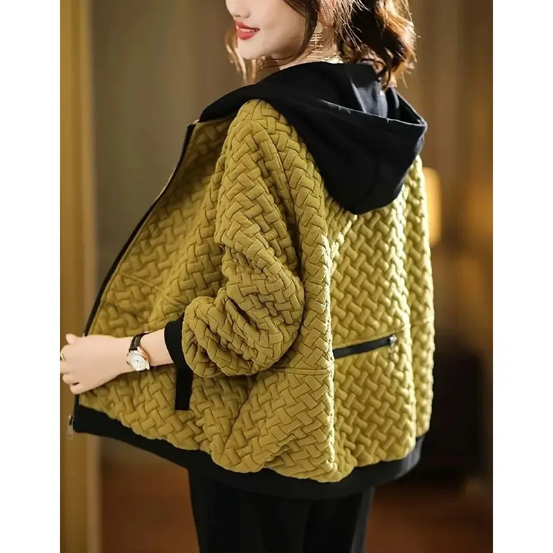 

2025 New Hooded Casual Coat Women High End Mother Jacket Autumn Winter New Zipper Basic Korean Patchwork Outwear With Short Coat
