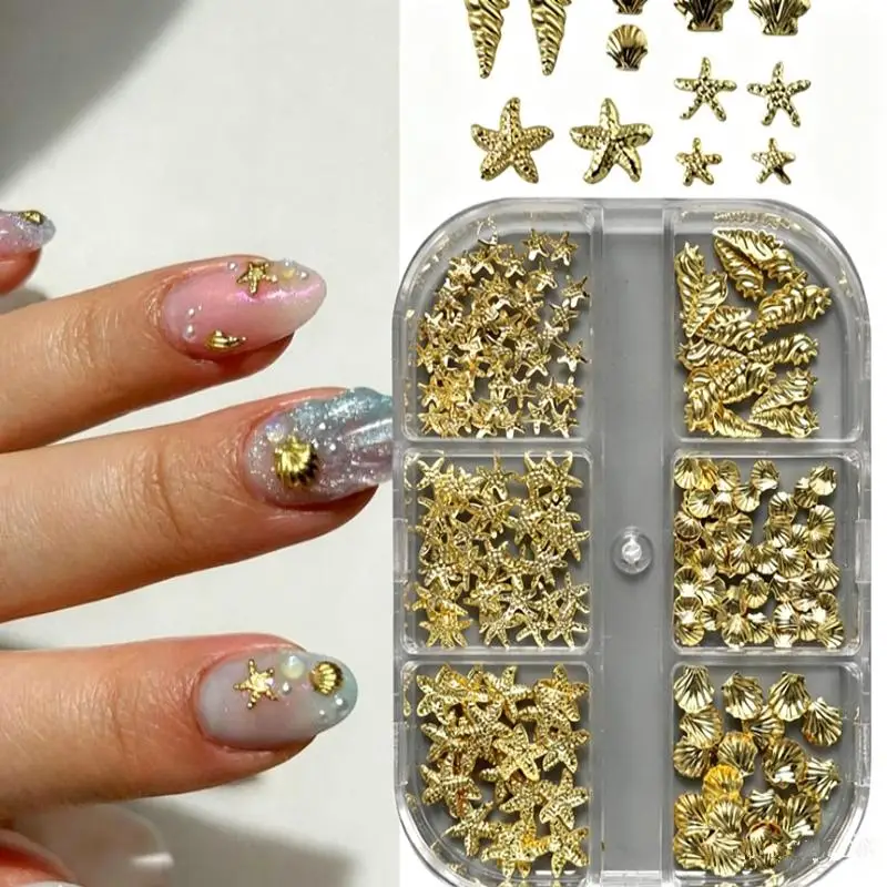 6er-Set Goldene Muschel- und Seestern-Nagelcharms, 3D-Muschel-Nagelkunst-Dekorationen, Sommer-Metall-Nagelstecker, Maniküre-Nagelzubehör – Detail 7