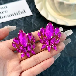 Luxury Fuchsia Wedding Colorful Crystal Metal Big Earrings For Women Trend Purple CZ Party Jewelry Accessories
