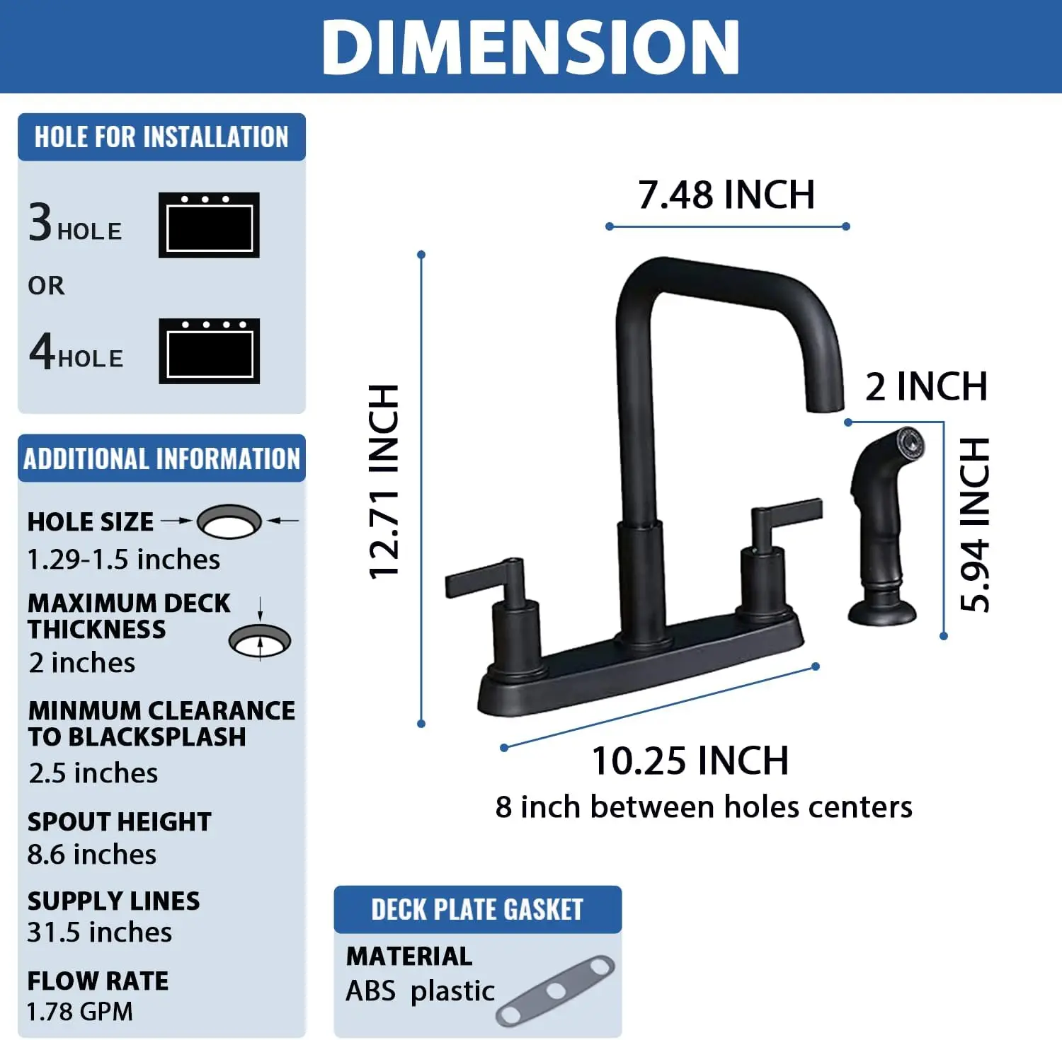 Black Kitchen Faucet with Sprayer, Matte Black 3/4 Hole Sink Faucet, Stainless Steel RV Laundry Kitchen Faucet KMF028B