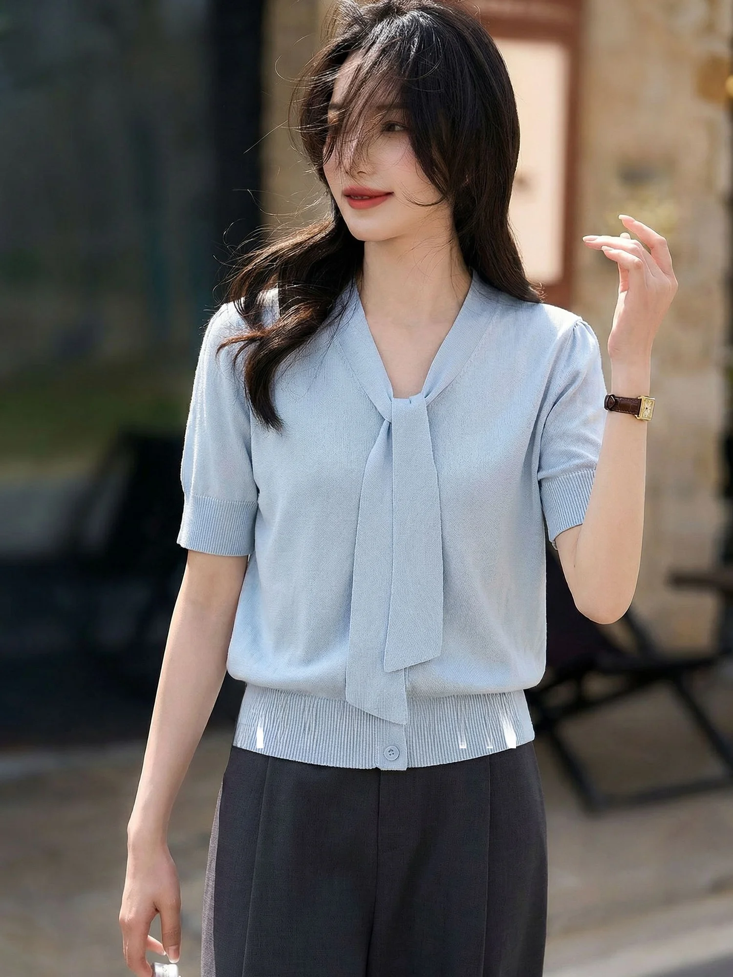 

Chivirin Silk V-neck Short-sleeved Knitted Top Women's Summer Korean Style Gentle Office Lady Commute Style Tie-dye Knitwear