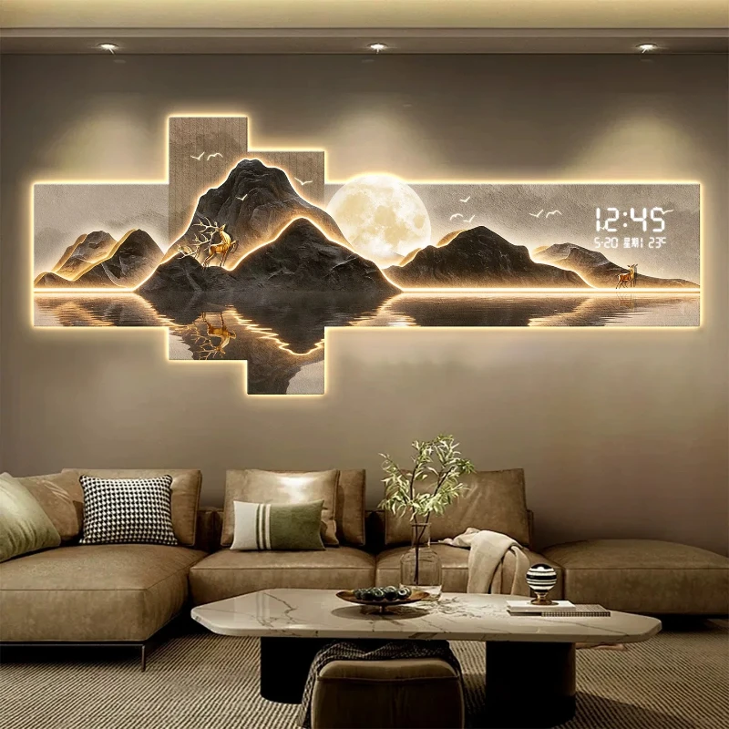 High End Living Room Decoration Painting Wall Clock LED Digital Electronic Clock Mountain Back Atmosphere Light Hanging Painting