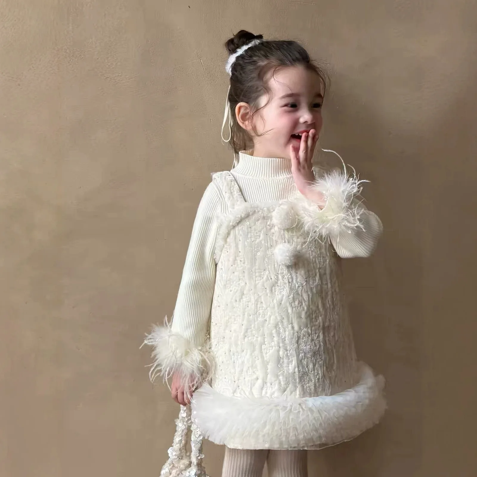 New Year's Outfit Little Fragrant Style Girl's Cotton Padded Thick Full Nail Bead Sequin Wool Ball Hem Tutu Vest Skirt Princess