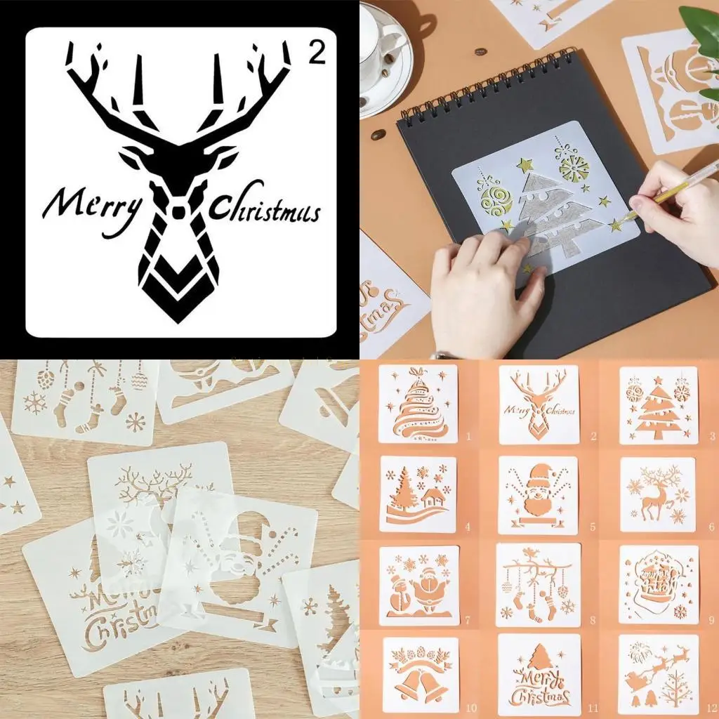 แพ็ค 12 ขนาดเล็ก Hollow-OUT คริสต์มาสภาพวาด PET ลายฉลุชุด DIY Graffiti เครื่องมือ
