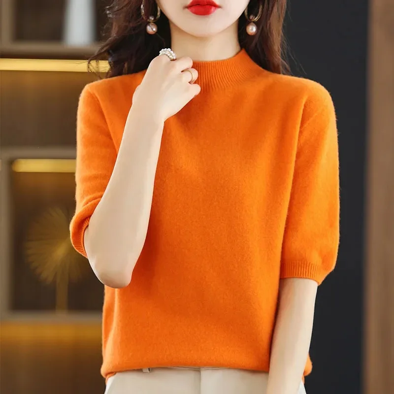 Spring Summer Women Sweaters Short Sleeves O-neck Bottoming Shirt Knitwear 2023 Camel Pullovers Sweater Korean Jumpers