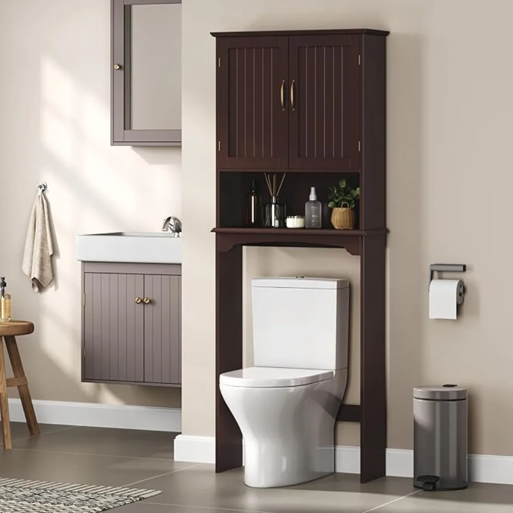 

Over The Toilet Storage with 2 Do& Adjustable Shel, ree Standing Toilet Rack Wooden Space-saving Collect Cabinet, Bathroom urnit