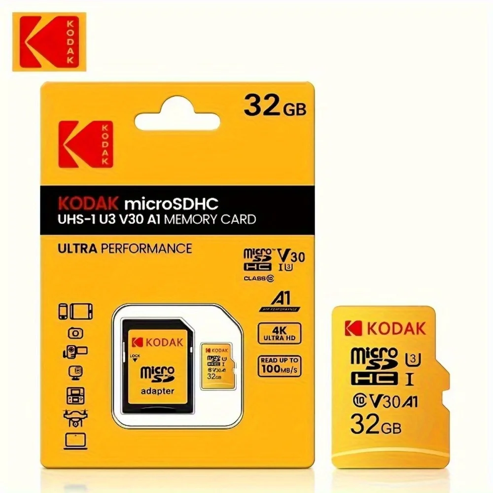 Kodak 32GB-256GB MicroSDCC Memory Card - U3, 4K, A1, UHS-I, C10, TF Memory Cards สําหรับกล้อง สมาร์ทโฟน และแท็บเล็ต