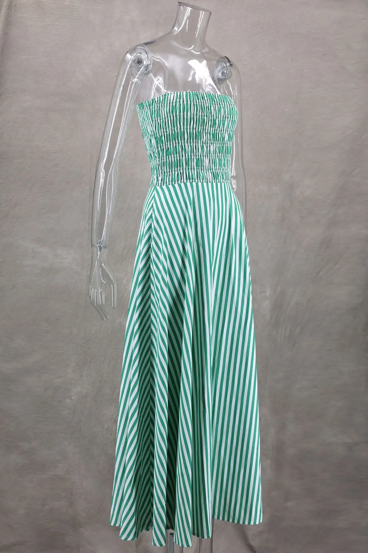 2024 New Green Stripes Maxi Dress Women Tube Long Beach Dress Off Shoulder Backless Casual Fashion Summer Bust Elastic Dresses