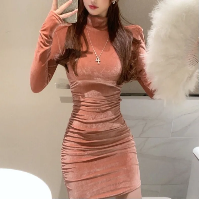 

Women's 2024 Autumn Winter New Sexy Fashion Skinny High Neck Solid Color Long Sleeve Ruched Gold Velvet Wrapped Hip Bottom Dress