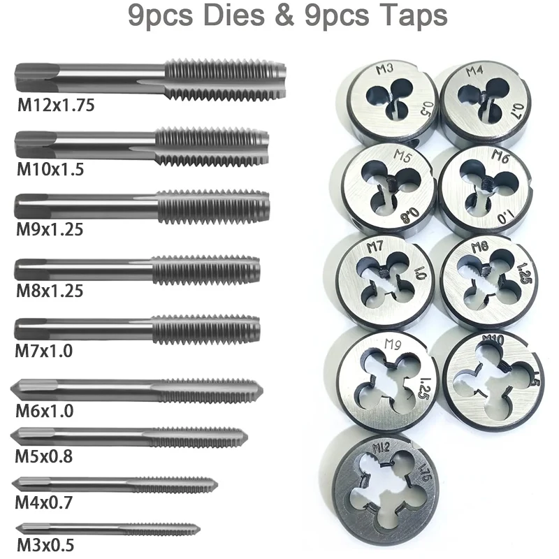 20Pcs Metric Hand Tap and Die Set M3-M12 Screw Thread Plugs Straight Taper Reamer Tools Tap Die Set Twist Drill Bit Tool Kit