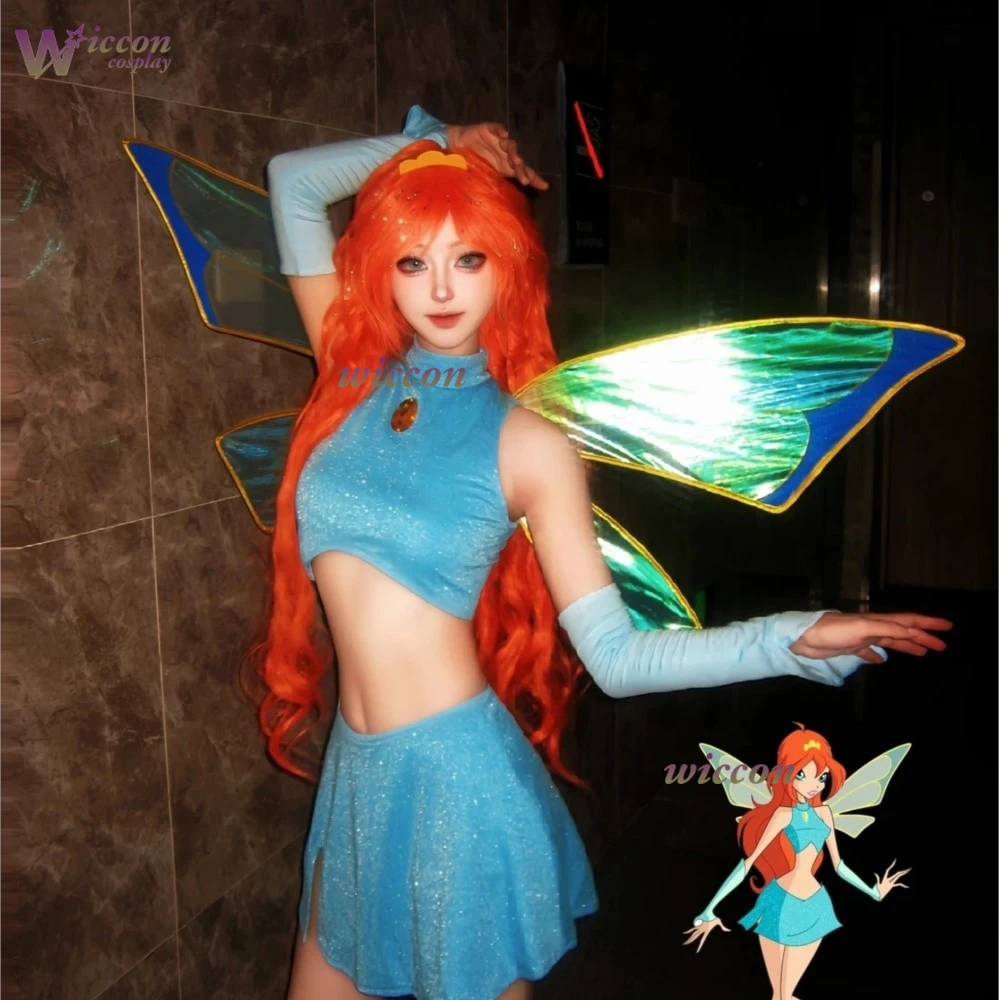 Cos Room Store Winks Anime Club Cartoon Princess Bloom Cosplay Perücke Kostüme Blaue Röhre Ausgefallener Pferdeschwanz Glänzender Rock Set Ärmel