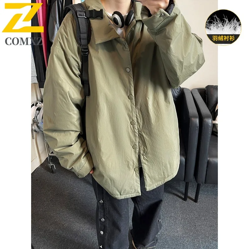 COMXZ Short Down Jacket Men Shirt Collar Design Hiking Travel Windproof Parka Single Breasted Design Lightweight Winter Coat