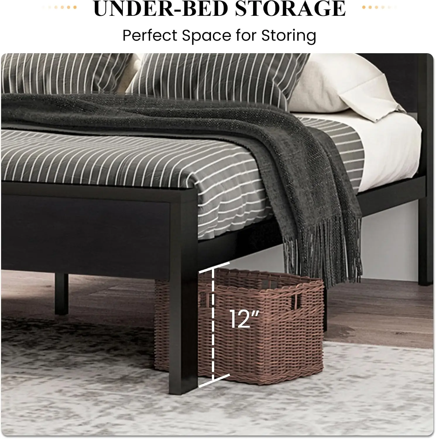 Full Size Industrial Metal Platform Bed Frame with Wood Headboard and Footboard, 12-Inch Under-Bed Storage, Black Oak image 4