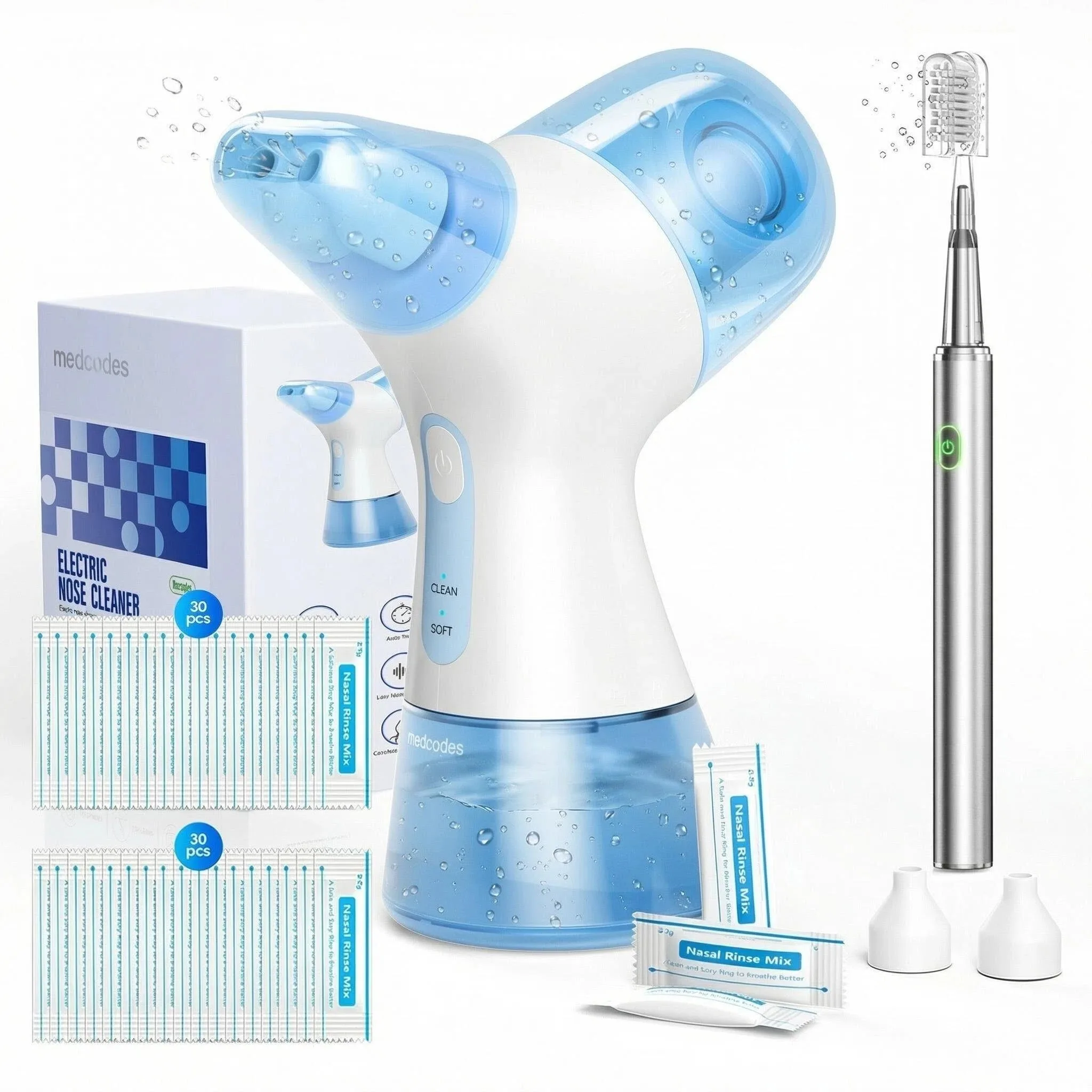 

Система для промывания носа – набор для промывания с 1 ирригатором для носа и 30 солевыми капсулами для снятия заложенности носовых пазух, в комплекте с электрической зубной щеткой