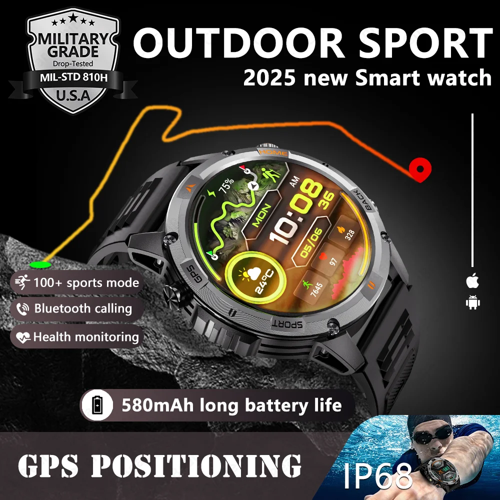 

2025 New Men Military Outdoor Smartwatch IP68 Waterproof GPS Flashlight Heart Rate Smart Alarm Sports Bluetooth Call Smart Watch